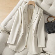 米白色小2装外女k套中长款春季西021双排，扣宽松套装西服上衣