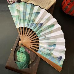 中国风扇子古风男生布面9寸竹山水绿色双面汉服折扇折叠夏季纳凉