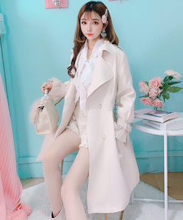 公主家3391韩版宽松系带设计感小个子初秋外套，中长款风衣大衣外套