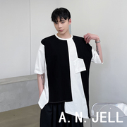 韩国版男装东大门21夏发型师个性黑白撞色不规则宽松圆领短袖T恤