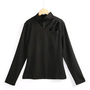 1385立领衬衫 秋季套头镂空时尚百搭显瘦纯黑色长袖衬衣外贸