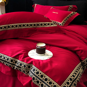 欧式轻奢风红色婚庆床上四件套纯棉100s长绒棉刺绣结婚被套床单笠