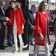 高端定制西班牙王后同款红色喇叭，袖羊毛大衣，外套女短款直筒简约冬