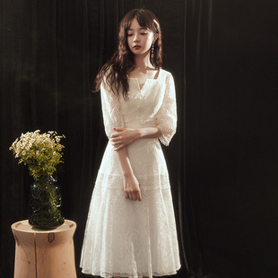 白色洋装小礼服女2024宴会，蕾丝生日领证连衣裙平时可穿伴娘服