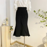 黑色鱼尾裙半身裙女夏中长款褶皱，设计感高腰包，臀裙显瘦开叉一步裙