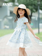 安奈儿童装女童短袖连衣裙夏季款学生纯棉清新甜美印花A字裙