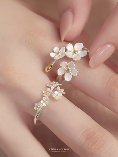 『梨花声』为晚s925纯银花朵开口戒指女款食指，小众设计复古风礼物