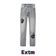 EXTM美式高街水洗刺绣骷髅印花修身小脚牛仔裤男街头FOG显瘦长裤