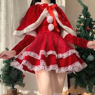 万圣节红色丝绒连衣裙女露背蝴蝶结纯欲性感圣诞女装套装新年战袍