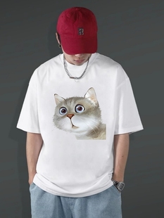 3D立体逼真萌猫咪橘猫图案纯棉圆领短袖T恤男女动物图案情侣上衣