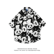 悟空有货夏季趣味熊猫满印短袖衬衫男潮牌嘻哈宽松休闲半袖花衬衣