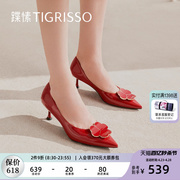 蹀愫新中式漆皮尖头细高跟浅口红色婚鞋单鞋女TA32119-12
