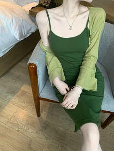 修身显白绿套装裙女冰丝包臀春夏季长袖开衫气质针织衫两件套