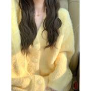 欧洲站毛衣女春秋慵懒风高级感小个子黄色针织开衫外套设计感上衣