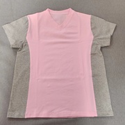夏季男女同款粉色拼接灰色纯棉短袖T恤POLO衫 V领拼接打底衫