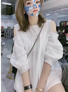 露肩蕾丝衬衫女短袖2024年夏季韩版宽松洋气，显瘦白色镂空上衣