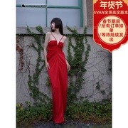 EVAN/22aw纯欲暗黑设计感红色吊带v领露背性感抽绳垂感长连衣裙