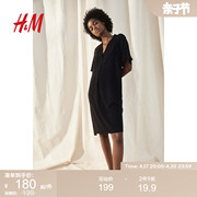 HM粘纤裙衫式连衣裙2024夏季 中式立领女装宽松透气短裙1214786