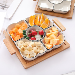 带盖水果盘创意陶瓷茶几餐盘糖，果干果盒有盖零食，分格客厅家用拼盘