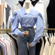 断码衬衫女设计感小众泡泡袖韩版蓝色竖条纹衬衣长袖百搭