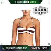 pqswim女式godiva条纹挂脖细肩带抹胸泳衣，比基尼上衣棕色白色