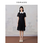 vgrass黑色重工蕾丝，连衣裙夏季短袖，中长款小黑裙vsl2o20660