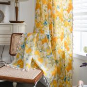 美式乡村窗帘客厅落地阳台，飘窗帘小清新黄色，花朵半遮光成品窗帘布