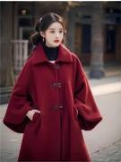 新中式国风红色斗篷毛呢大衣女冬季高级感超好看外套2023