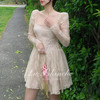 lablanches21裸色法式风情，超仙气质复古长袖连衣裙仙女蕾丝裙