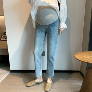 氧气蓝~孕妇牛仔裤外穿韩国时尚，显瘦夏季薄弹力，九分直筒烟管裤子