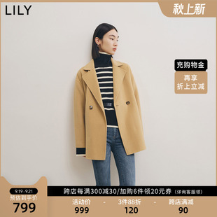 lily2022冬女装舒适柔软羊毛，气质纯色高级复古双排扣毛呢大衣