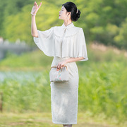 蕾丝旗袍改良版连衣裙立领三分袖白色夏季中国风带披肩