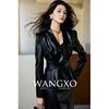 WANGXO丨特制环保PU皮丨都市摩登造型感 交叠V领收腰垫肩皮衣外套