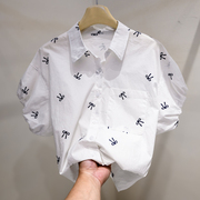 蝴蝶结印花收口灯笼袖衬衫2024女款夏季短袖上衣白色短款衬衣