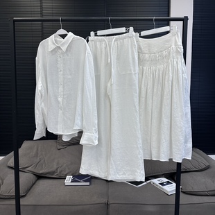 13allwhite夏日清爽经典，亚麻荼白衬衫，半裙休闲裤三件套