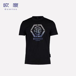 OUHTEU/欧度男士短袖T恤针织黑色棉面料圆领潮流修身版春季
