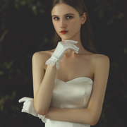 赫本风婚纱手套 复古白色短款缎面花边新娘结婚礼服晚宴配饰