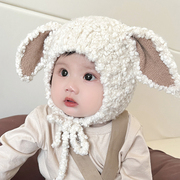 宝宝帽子冬款可爱兔耳朵毛绒，护耳帽男孩女孩，儿童秋冬季加厚毛线帽
