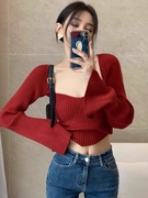 复古红色毛衣修身方领性感打底衫女装针织衫春季露脐高腰短款上衣