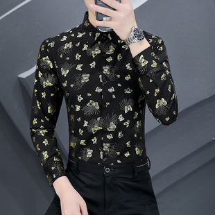 韩版个性时髦长袖衬衫男士秋季潮牌烫金印花发型师靓仔痞帅气衬衣