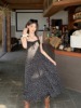 2024夏季韩版修身显瘦设计感系带波点黑色无袖吊带连衣裙长裙