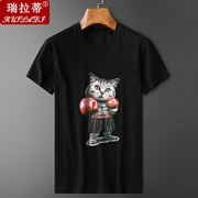 夏季潮牌短袖t恤男圆领，莱卡棉修身半袖，卡通拳击猫学生体恤衫