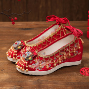 古风汉服鞋子内增高新娘红色，绣花鞋女中式民族，风复古高跟秀禾婚鞋