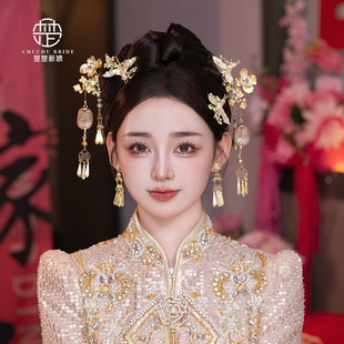 新娘金色中式古装头饰，花朵发簪汉服秀禾服旗袍减龄发饰套装