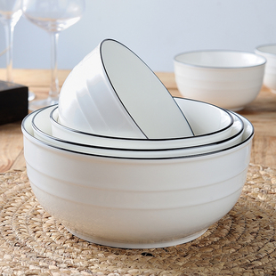 北欧简约家用米饭碗单个面碗陶瓷盘子，新骨瓷(新骨瓷，)餐具黑线大碗纯白小碗