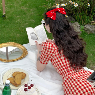 麓津自制《奶油草莓华夫》红色格子碎花方领短款夏天复古连衣裙子