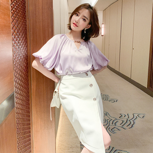 miuco法式紫色镂空泡泡袖，衬衫+单排扣修身开叉半裙套装
