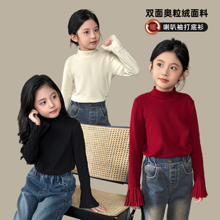 陈大猪女童加绒打底衫2023秋冬半高领，韩版儿童红色长袖上衣