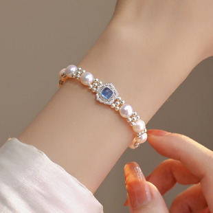 赛赛莉安设计海蓝宝天然淡水珍珠s925纯银手链，小众个性礼物轻奢女