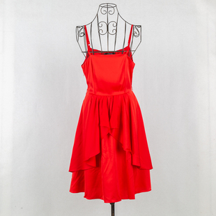 春秋季千黛百合淑女装纯色，无袖通勤套头，a型大红色中腰吊带连衣裙